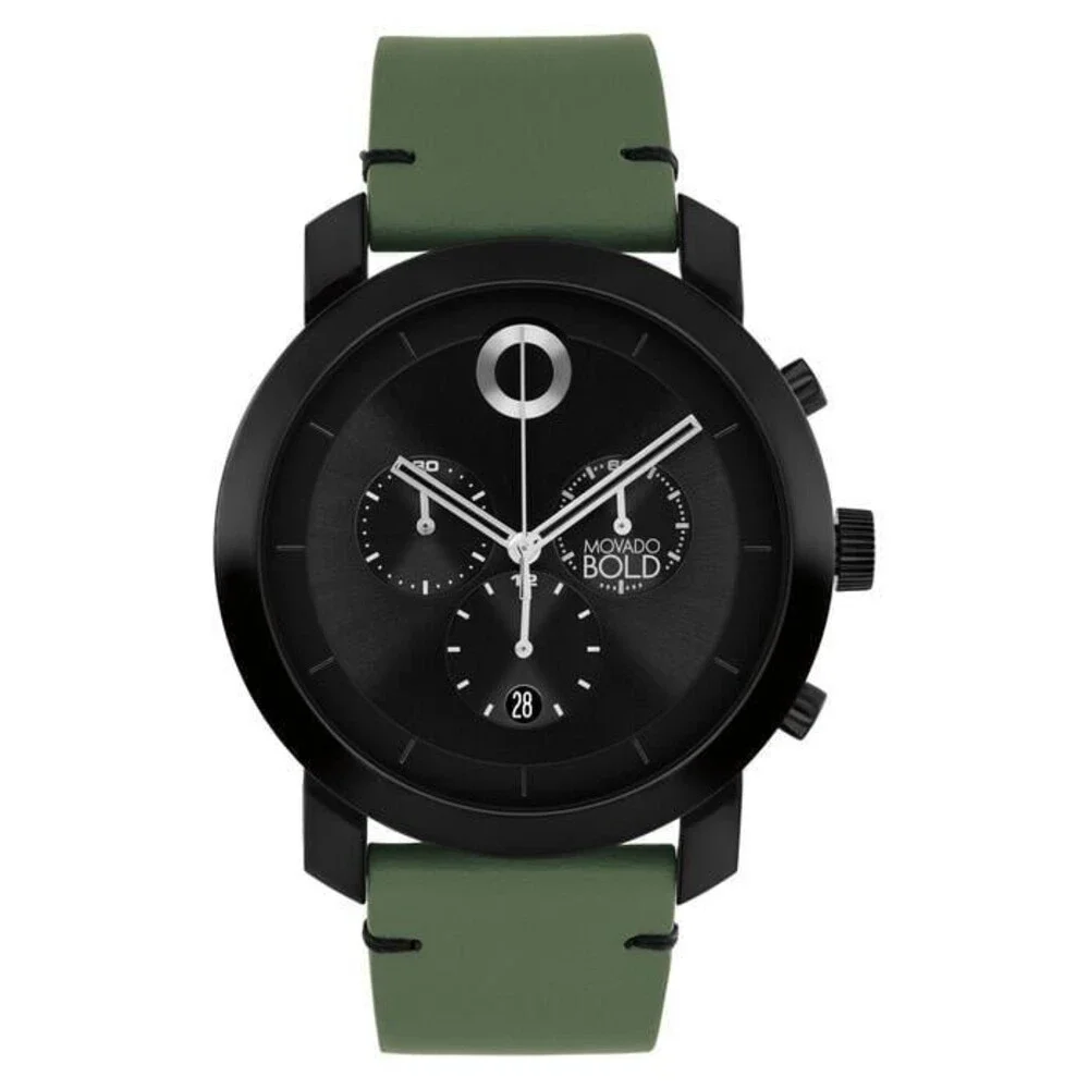 MOVADO TREND IMPULS CHRONOGRAPH 3601360 BLACK DIAL GREEN LEATHER STRAP MEN WATCH